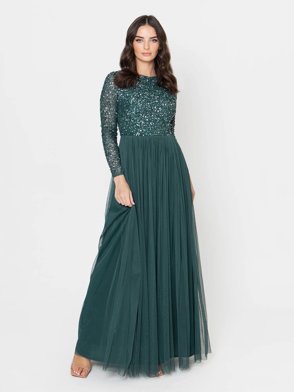 Long Sleeve Sequin Bodice Maxi Dress in Emerald